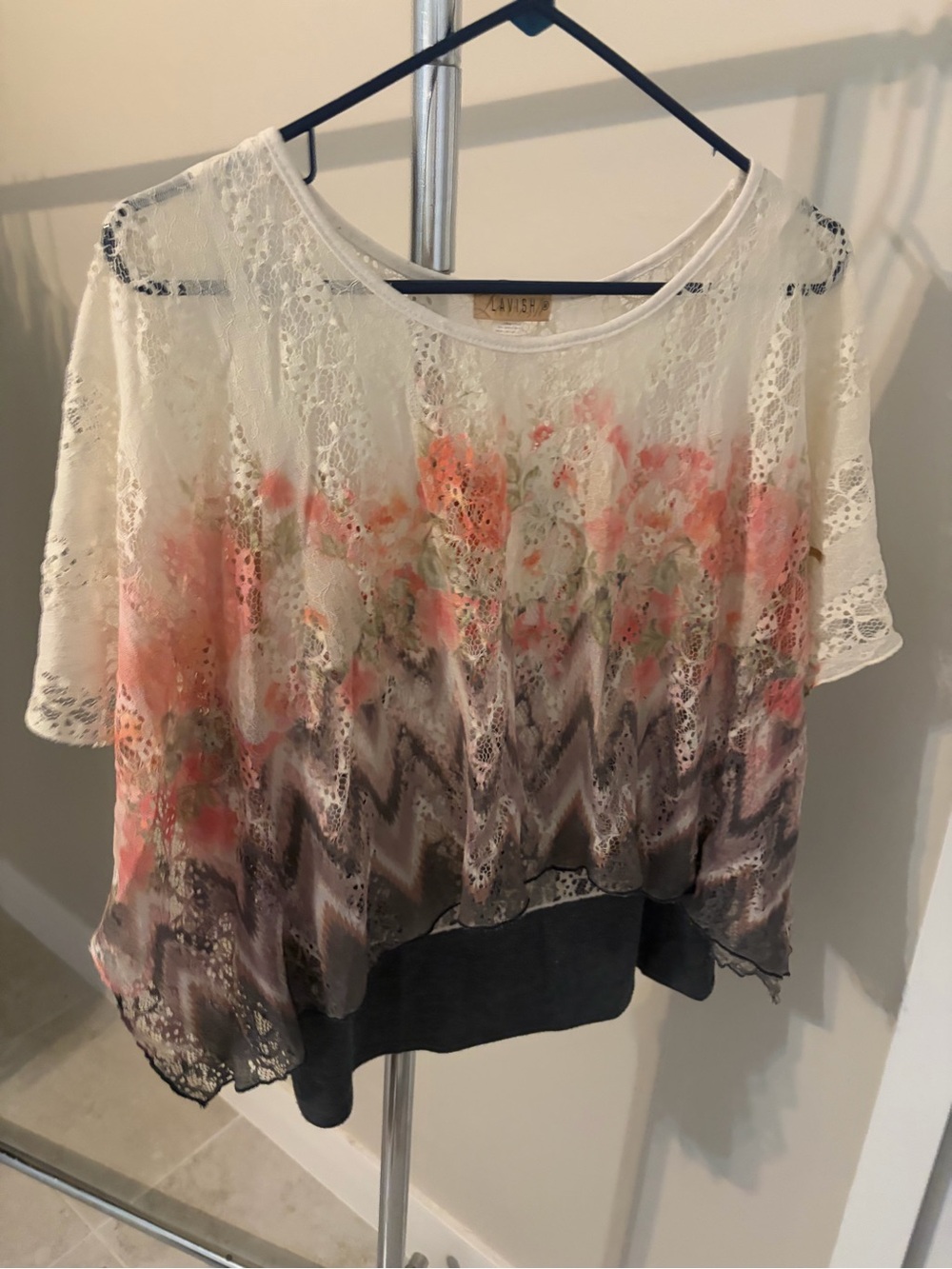 Lavish White Lace Floral Ombre Blouse with Coral Accents